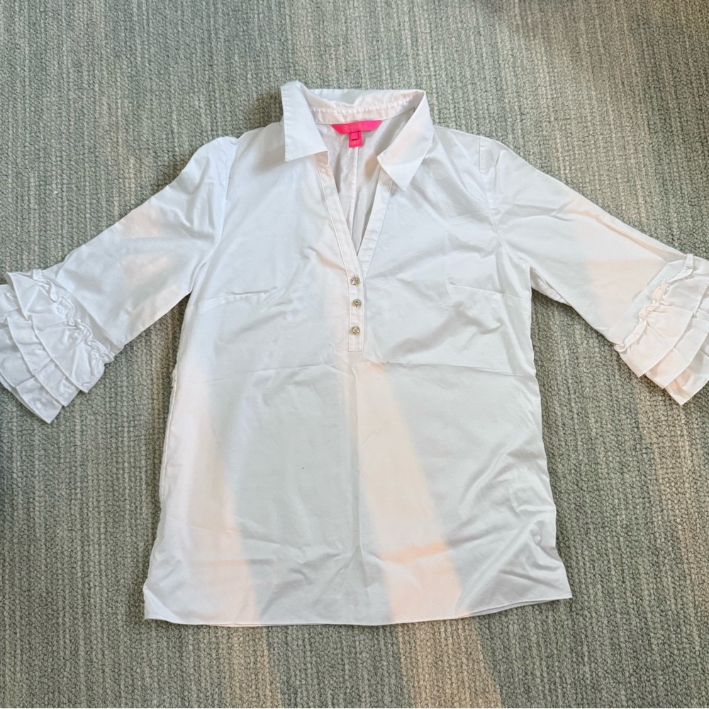 Lily pulitzer white cotton shirt with ruffle sleeves